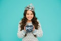 She deserves best. Kid silver crown symbol of glory. Beauty pageant. Focus on beauty. Little princess. Girl wear crown Royalty Free Stock Photo