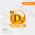 Vitamin D1 gold shining pill capcule icon, cholecalciferol. golden Vitamin complex with Chemical formula substance drop. Medical f