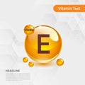 Vitamin E gold shining pill capcule icon, cholecalciferol. golden Vitamin complex with Chemical formula substance drop. Medical f