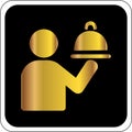 Gold icon on a black background depicting a stylized person holding a domed food cover on a tray Royalty Free Stock Photo