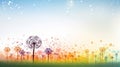 rainbow-colored dandelion fluff dispersing across a grassy meadow