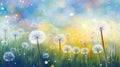 rainbow-colored dandelion fluff dispersing across a grassy meadow