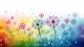 rainbow-colored dandelion fluff dispersing across a grassy meadow