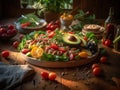 humongous vegan salad on rustic wooden table