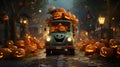 Design an animated scene where pumpkin-shaped trucks, complete with googly eyes and quirky expressions, navigate a bumpy road