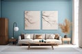 design apartment home room modern furniture interior sofa blue wall floor. Generative AI. Royalty Free Stock Photo