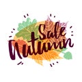 Design autumnal promotion web banner and label with Sale Autumn text on modern color silhouette maple leaf and season Royalty Free Stock Photo