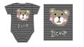 Baby boy bodysuit. technical sketch and artwork with print or applique of teddy bear face