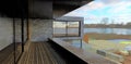 Design of a balcony with wooden flooring in a modern private house built in a minimalist style on the shores of a picturesque lake