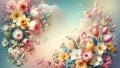 Serene Spring Atmosphere Adorned With Colorful Tulips and Blossoming Flowers. Generative AI