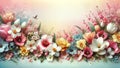 Serene Spring Atmosphere Adorned With Colorful Tulips and Blossoming Flowers. Generative AI