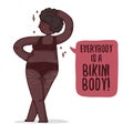 Design banner with a black girl plus-size. Illustration with a cute afro cartoon woman with overweight and stretch marks