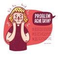 Design banner with cute teen girl about problem skin. Young woman with acne. Template infographics about dermatologica