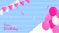 Design banner greeting happy birthday in pink for girl with balloon and flag strands