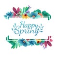 Design banner with Happy spring logo. Card for spring season with white frame and herb. Promotion offer with sprin