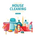 Design banner House cleaning with cleaning products. Cartoon illustration household chemicals. Temlate for flyer clean