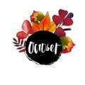 Design of banner Oktober Lettering with leaves