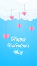 Design for a banner, postcard, smartphone wallpaper for valentine`s day. Blue sky with clouds and paper cut hearts