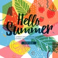 Design banner for summer season. Abstract geometric background with silhouettes fruit, lemon, strawberry and mint. Text