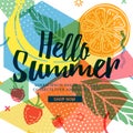 Design banner for summer season. Abstract geometric background with silhouettes fruit, lemon, strawberry and mint. Text