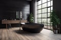 black modern wood bathroom furniture interior luxury indoor design home bathtub. Generative AI. Royalty Free Stock Photo