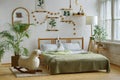 Design of bed room. Cozy atmosphere. Neutrals. Details in interior. Modern style