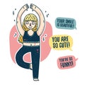 Design of a body positive poster with a young blonde girl. Happy plus size woman with scars is engaged in yoga