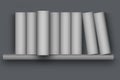 Design with books on shelf, 3d effect with one book sticking out Royalty Free Stock Photo