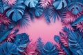 design border frame paper cut blue tropical leaves on pink background Royalty Free Stock Photo