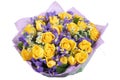 Design bouquet of yellow roses and blue orchid, on white. Royalty Free Stock Photo