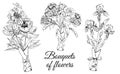 Design  with bouquets of different flowers. Hand drawn ink sketch of iris, peony and rose. Royalty Free Stock Photo