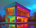 design a brutalist inspired building with a calm background. Involve neon lights