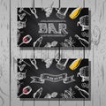 Design business card of bar and restaurant, beer and wine set, chalkboard background