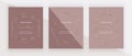 Design cards with geometric golden polygonal lines frames on the nude and brown background. Trendy template for wedding, banner, w