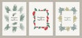 Set of cards for the winter holidays with fir brunches and fir cones, berries holy and leaves branches, lights and place for text