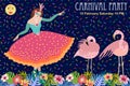 Tropical night. Dancing girl in beautiful ball dress and flamingos. Royalty Free Stock Photo