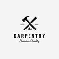 Design of Carpentry Logo Vector, Handcraft Concept with Hammer and Chisel, Vintage Illustration of Wood working