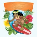 Design of cartoon hawaiian girl surfer