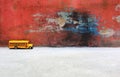 Design the cement wall peeling paint with yellow school bus Royalty Free Stock Photo