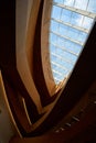 Design of the central public library in Calgary. Modern art interior design with wooden walls and glass ceiling