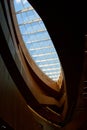 Design of the central public library in Calgary. Modern art interior design with wooden walls and glass ceiling