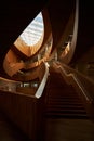 Design of the central public library in Calgary. Modern art interior design with wooden walls and glass ceiling