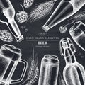 Design with chalk rye, hop, mug of beer, bottles of beer, aluminum can Royalty Free Stock Photo