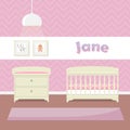Design a child's room in pink for girls. Crib, swaddle table and framed pictures. Flat style vector illustration