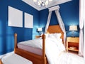 Design of a children`s bedroom, four-poster bed, nightstands with table lamps. Blue, orange, white color of the interior