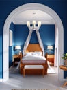 Design of a children`s bedroom, four-poster bed, nightstands with table lamps. Blue, orange, white color of the interior