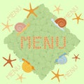 a postcard made of colorful snails, starfish and shells for the design of the children\'s menu