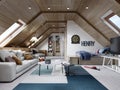 The design of the children`s room for the teenager on the attic is in the loft style, the ceiling is hemmed with wood and the Royalty Free Stock Photo
