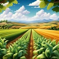 design a close up view of a field with various types of crops growing harmoniously together