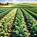 design a close up view of a field with various types of crops growing harmoniously together